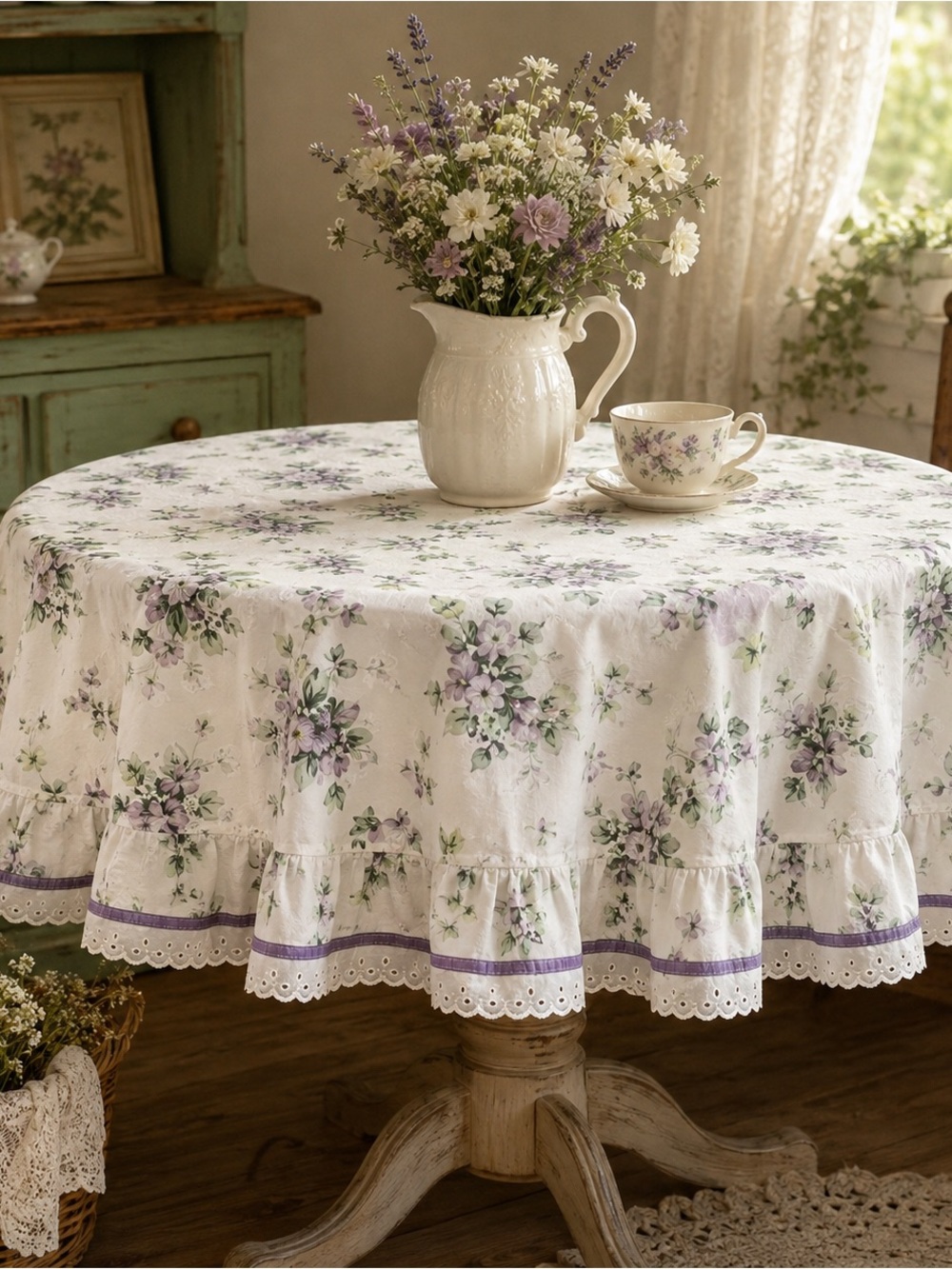 Floral Purple Violets Lavender Eyelet Lace Trim 72” Round Tablecloth Cottagecore